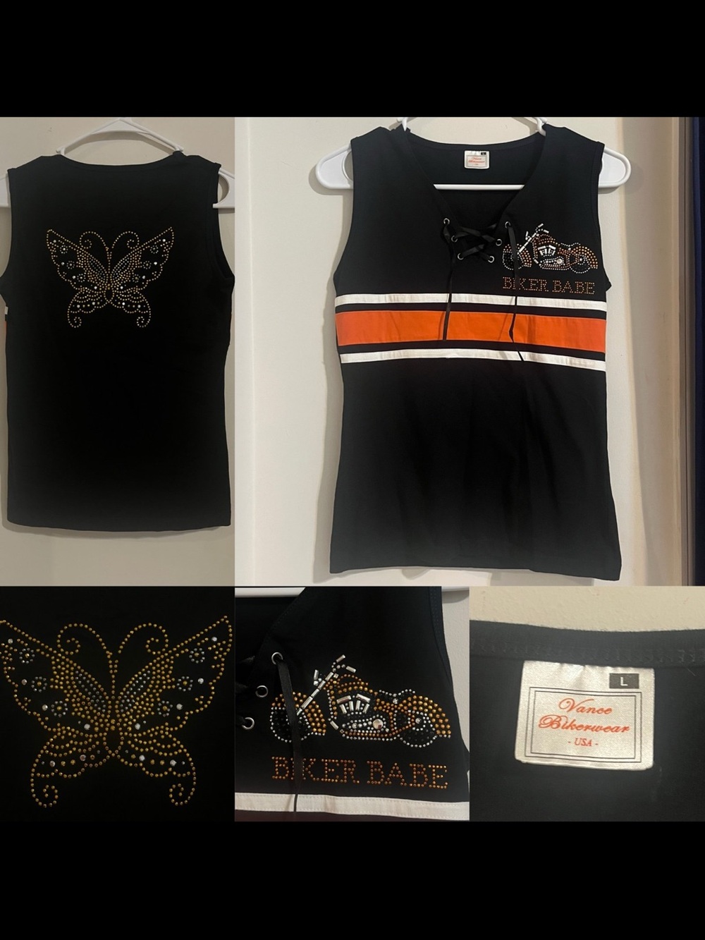 Vance bikewear USA Biker babe rhinestone sleeveless shirt with tie detailing.